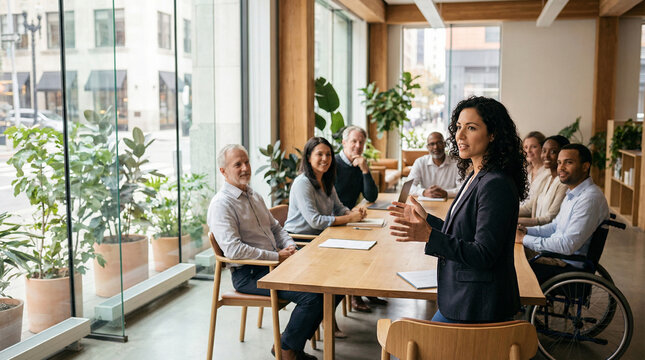 Confident Young Businesswoman Leading Meeting with Diverse Team in Modern Office