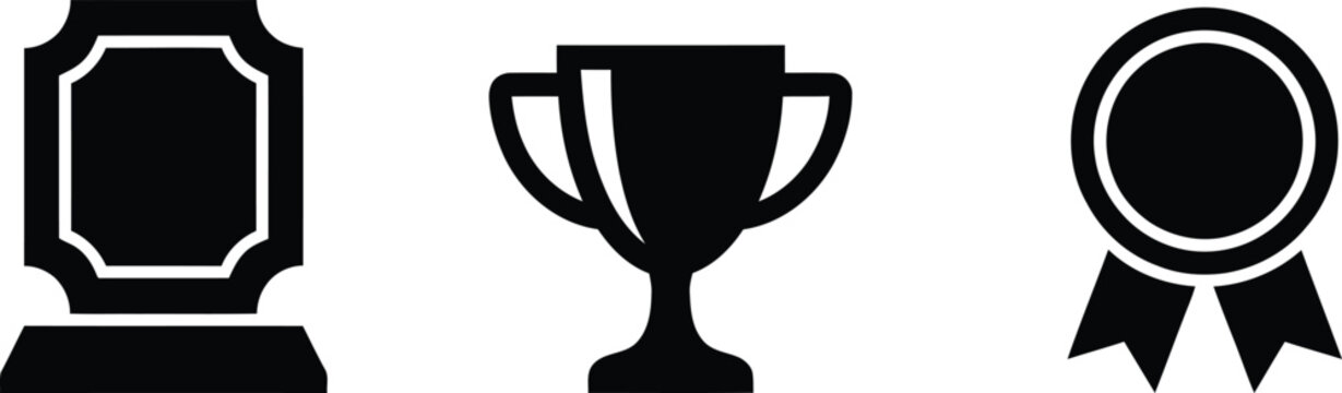 Award icons set featuring a plaque, trophy cup and ribbon medal