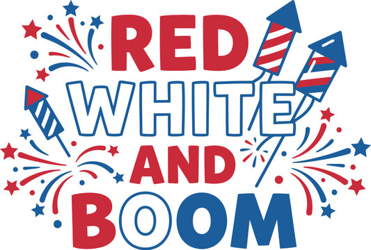 Red white and boom lettering stands out with festive fireworks for the.