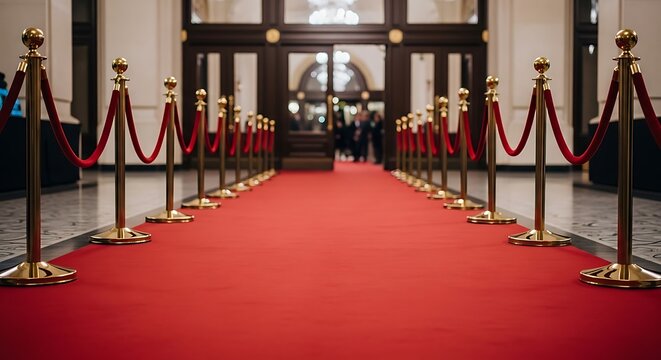 Exclusive red carpet entrance with golden stanchions leading to elegant luxury building