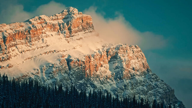 Castle Mountain Snow-Dusted Rocky Cliffs at Golden Hour, Banff National Park, Canada