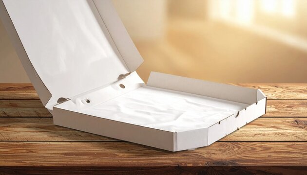 Open empty white cardboard pizza box on a rustic wooden table, food delivery packaging, catering service, mockup template for menu advertising