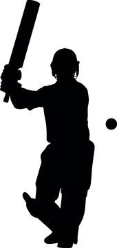 Cricket batsman silhouette dynamic action shot of player ready to hit ball on white background