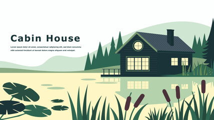 Cabin house illustration with forest and lake, vector graphic © MdDulal