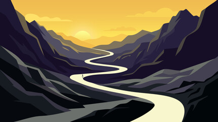 Mountain landscape with winding road, vector illustration in warm tones © MdDulal