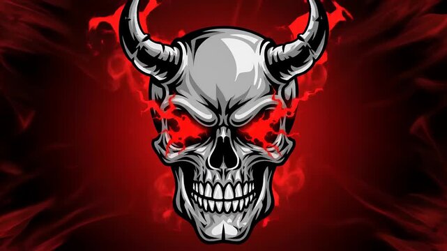 Scary Demon Skull with Red Flames and Glowing Eyes.