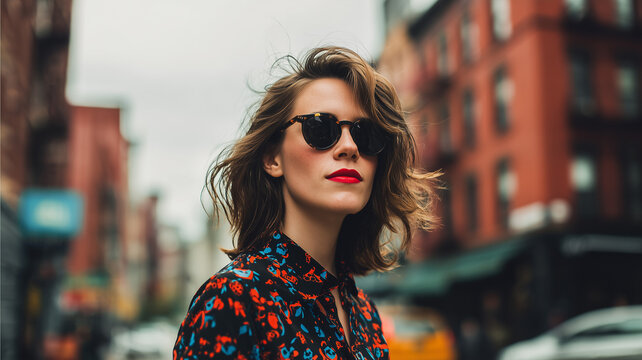 A woman with shoulder length, messy brown hair and dark, circular sunglasses is featured in a half body shot. her lips are painted red. she is wearing a black shirt with a bright. Ai generated