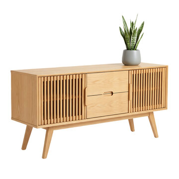 Mid century modern wooden sideboard, minimalist furniture, wooden cabinet, home decor isolated on Transparent Background
