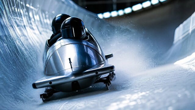 bobsled. Sleek bobsled racing through winding ice channel with plume of mist. event key visuals, club posters, designed for sports event promotions and stadium branding, used by event planners.