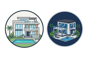 Obraz premium Luxury Villa Architecture Vector Icon Set – Modern Mansion Design, Premium Real Estate House Outline, Elegant Residential Property Illustration Collection
