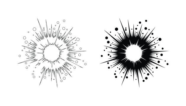 Sunburst explosion effect icon set with sharp rays and scattered dots in both line art and solid black vector style for comic book and action graphic design
