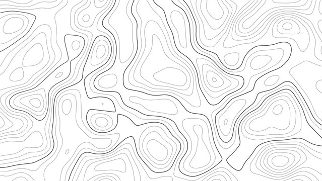 Topographic map contour lines pattern with black thin lines on a white background representing geographical elevation data in a repeating abstract texture for cartography and navigation