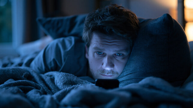Dark bedroom with a single figure lying awake staring at ceiling shadows at 3am, phone screen casting cold blue light upward, dark circles visible, rumpled bedding tangled at feet, ideal for sleep d