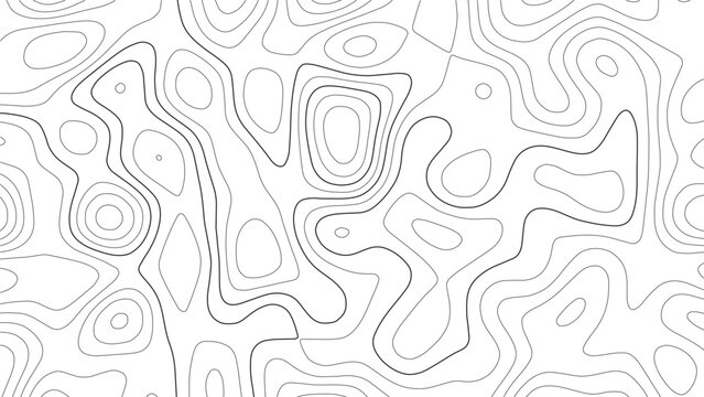 Topographic map pattern with irregular black contour lines on a white background representing elevation levels and terrain in a repeating abstract style for cartography and geography