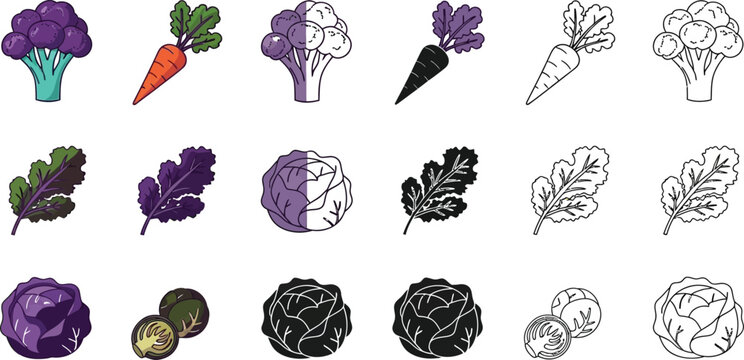 Collection of colorful and outline vegetable icons including broccoli carrots cabbage and leafy greens for healthy eating and organic food concepts