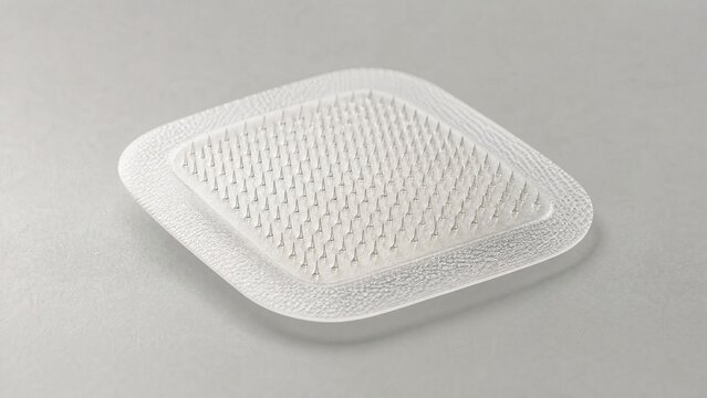 microneedle. A single microneedle patch resting on a clean, minimalist surface. STEM education sheets, lab safety posters, designed for STEM education and laboratory safety posters.