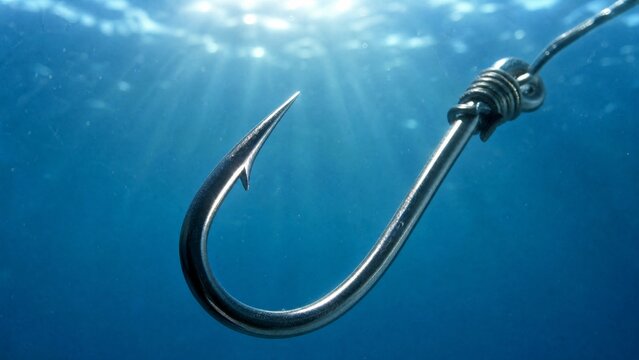 sinker. Close-up of a fishing hook submerged underwater with metallic reflections. lifestyle magazines, social media lookbooks, designed for influencer and brand collaborations.