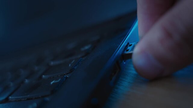 Close up on hand using small flash drive or thumb drive to install spyware app. Hacker or spy installing virus or malware inside computer or system. Illegal cyber activity stealing data with device