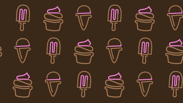 Sweet treats pattern with seamless ice cream, popsicle, and cupcake line art icon on a brown background animation. Repeating a variety of sweet snack wallpapers for the bakery and dessert concept.