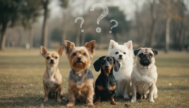 Different dog breeds sit together in a park with questions above their heads on a sunny day
