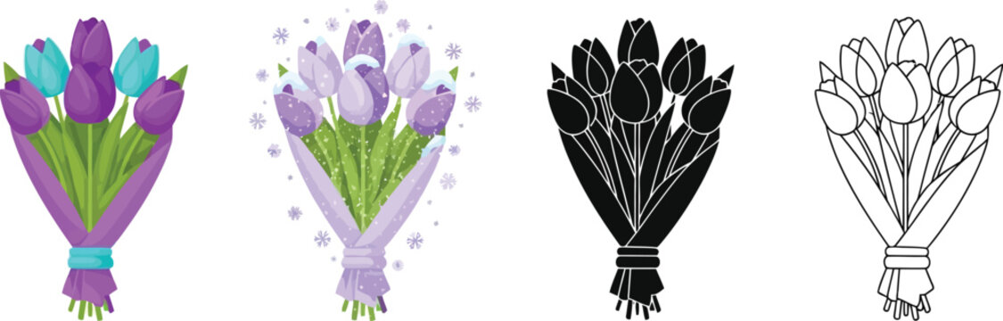 Collection of tulip bouquets in various styles including flat design silhouette and outline perfect for spring celebrations and floral graphics