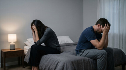 Fototapeta premium Emotional distance and conflict concept - couple sitting back to back on bed holding heads after quarrel, symbolizing relationship crisis, silent attitude and infidelity