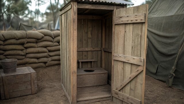 latrine. A simple wooden latrine structure in a military camp corner. gardening catalogs, home-decor guides, designed for home decor and floral branding, celebrates nature.