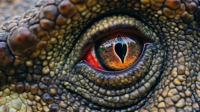 Extreme macro shot of a crocodile's eye. Detailed texture of scales, golden iris and vertical pupil of the reptile. Atmospheric and realistic close-up of a predator in the wild.