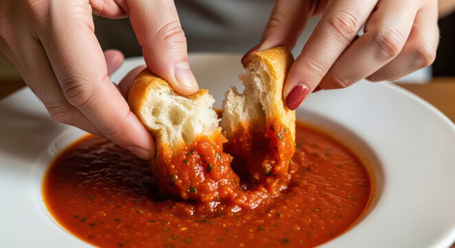 Hands tearing bread dipped in tomato soup delicious food experience.