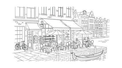 Naklejka premium Hand drawn illustration of a cozy street cafe along a canal.