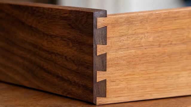 dovetail. Two pieces of wood with an interlocking dovetail joint, woodworking craftsmanship. safety posters, maintenance manuals, designed for industrial assembly lines and welding operations.