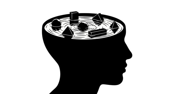 Black silhouette of a human head with puzzle pieces inside the brain.