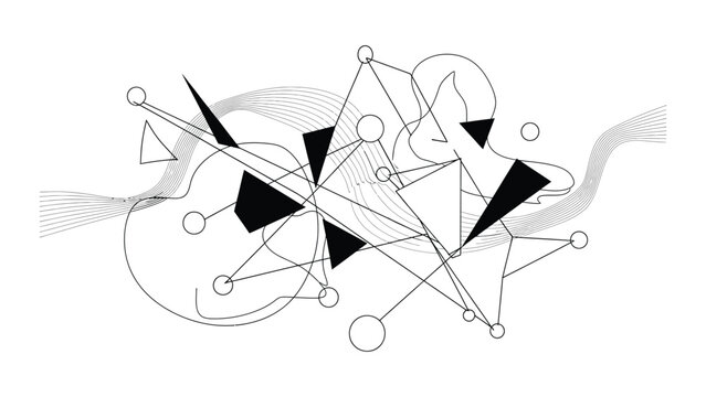 Abstract geometric composition with interconnected lines and solid black triangles.