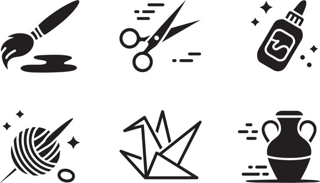 Arts and crafts icons set with scissors yarn origami vase and glue bottle with icon pack and black