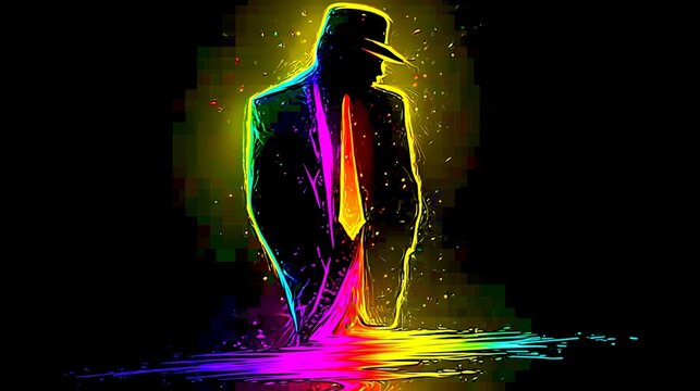Glowing Neon Man with Fedora Hat and Rainbow Light Particles