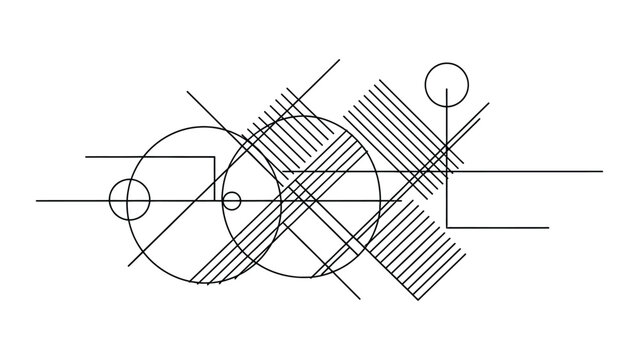 Abstract minimalist line art geometric composition with intersecting circles and parallel hatching.