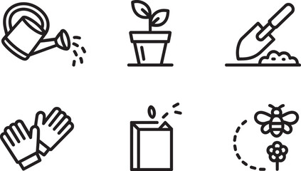 Modern watering can potted plant shovel gloves seed bee flower gardening icons set in outline growth © Laila