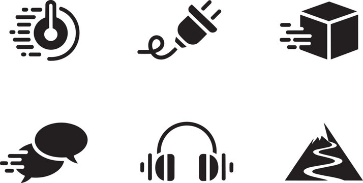 Modern speed delivery electricity and audio messaging icons set in solid style on white background