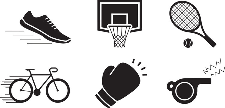 Modern sports activities running basketball tennis cycling boxing whistle icons set in solid style
