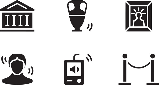 Museum and gallery audio guide exhibition icons set in solid style listener on white background
