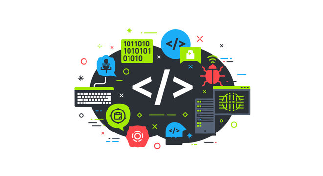 Modern Software Development and Web Coding Concept Illustration with Programming Icons, Binary Code, and Cybersecurity Symbols for IT Projects