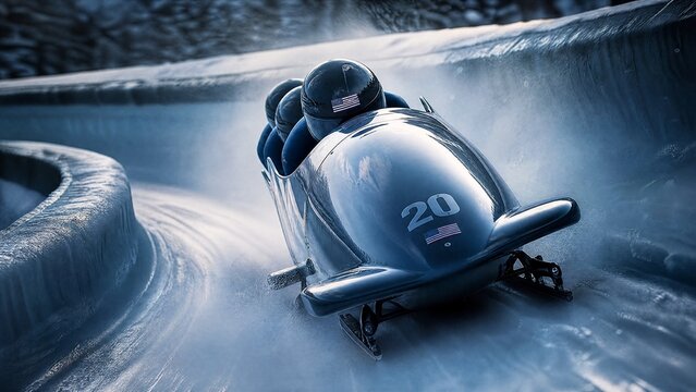 bobsled. Sleek bobsled racing through winding ice channel with plume of mist. event key visuals, club posters, designed for sports event promotions and stadium branding, used by event planners.