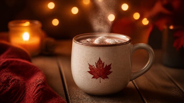 string. Ceramic mug with hot chocolate and maple leaf design on wooden table. representing seasonal cycles and harvest abundance, bar promotions, designed for product packaging and bar promotions.