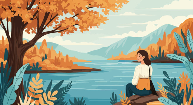 woman sitting by serene lake in autumn landscape illustration