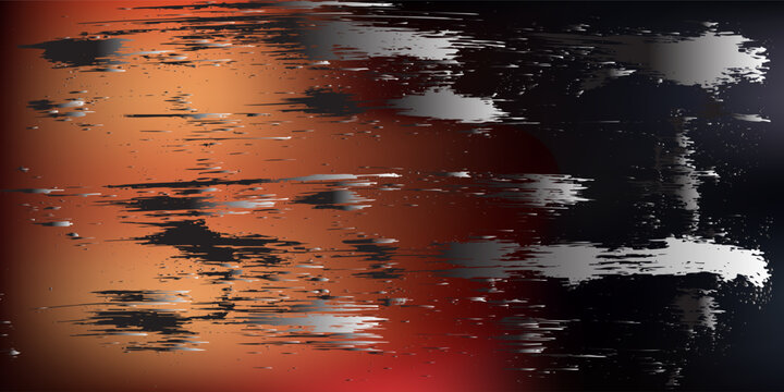Abstract Digital Glitch Background With Horizontal Metallic Streaks And Orange Gradient
