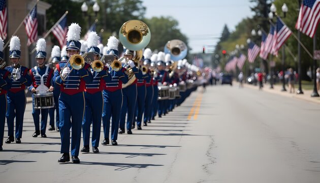 High school marching band performing on Veterans Day parade down a sunny city street lined with American flags for a patriotic celebration concept
