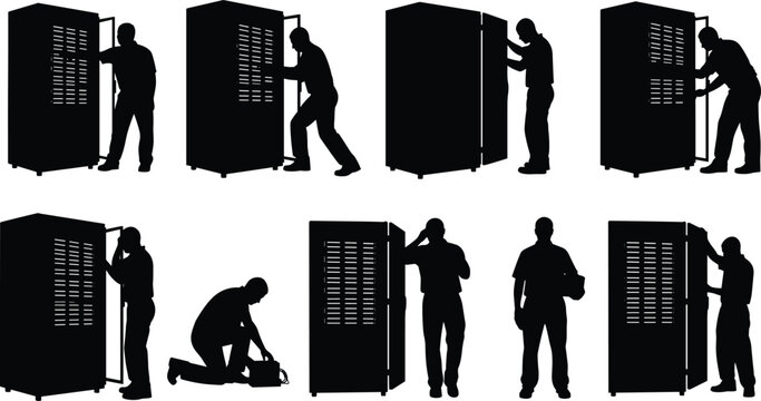 IT technician silhouette set, server maintenance, data center engineering, repairing electronic equipment, and professional industrial worker poses, isolated vector graphic.