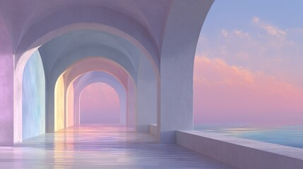Fototapeta premium Pastel arches corridor by the sea at sunset