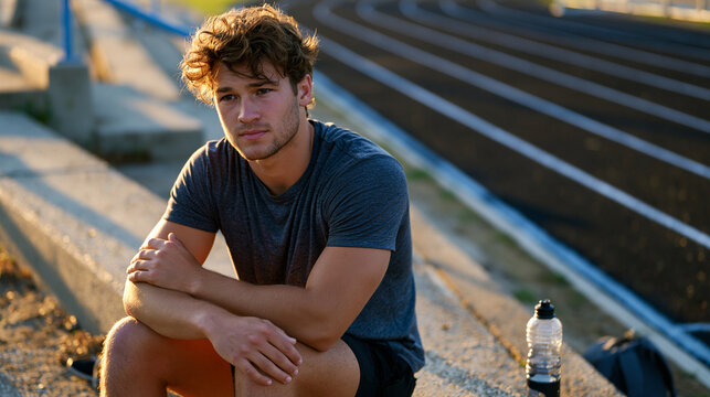 Young man sitting alone on concrete bleachers at an empty sports field at golden hour, elbows on knees, gaze distant, a water bottle untouched beside him, long shadows stretching across painted line