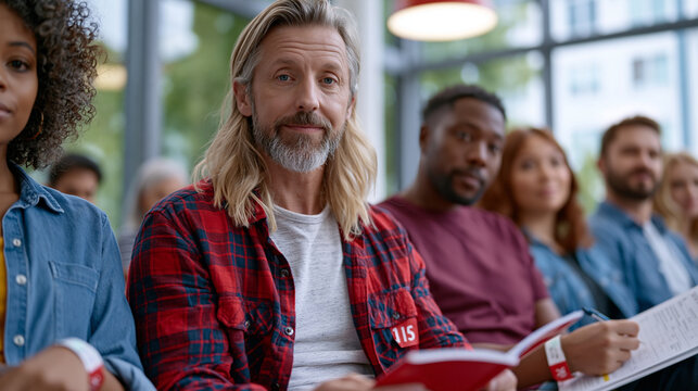 A diverse group of clinical trial participants wearing matching numbered wristbands seated in a waiting room with large windows, some reading, one filling out a health questionnaire, bright clinical